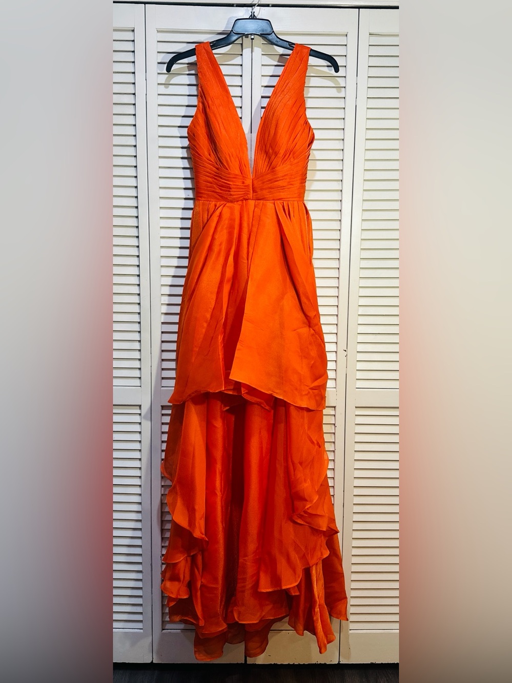 Orange Plunge Sheer V Formal Gown Size 6 Layered Tulle Evening Prom Dress - Picture 4 of 14